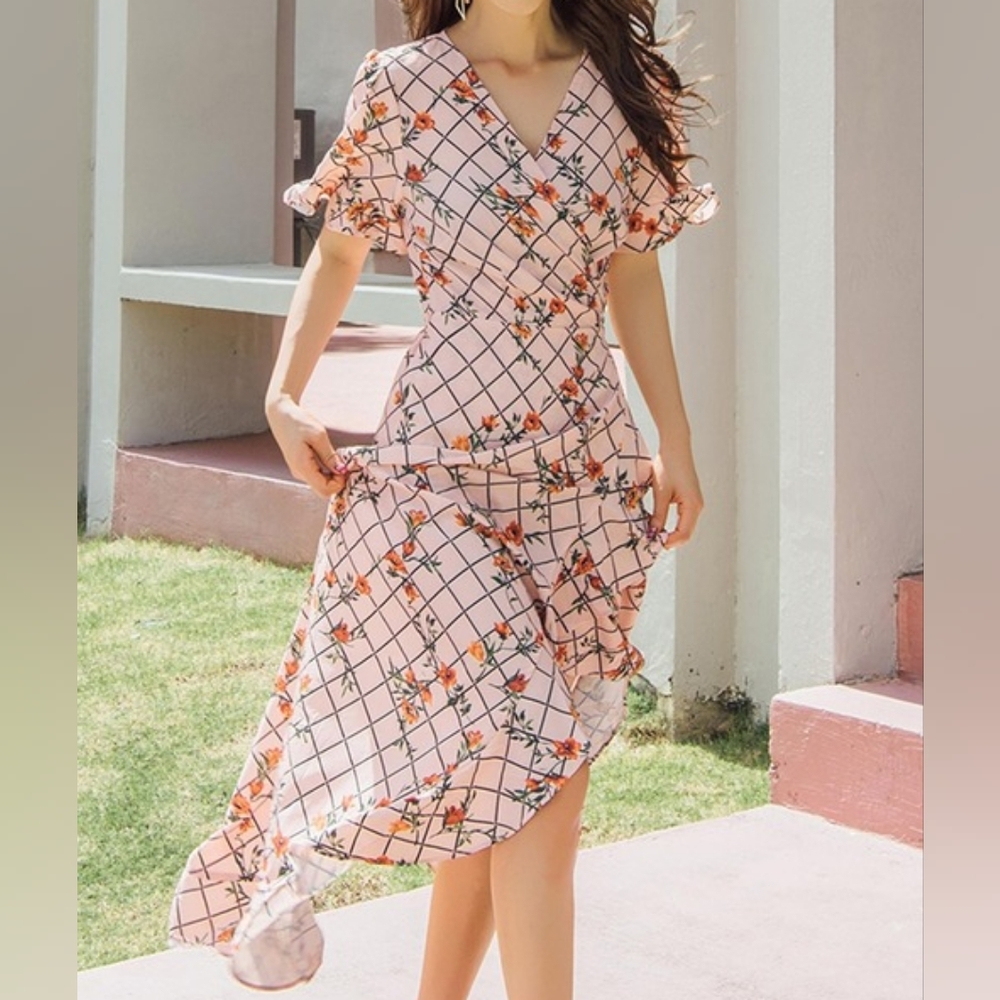 Windowpane Floral Wrap Dress Sz.S Easter